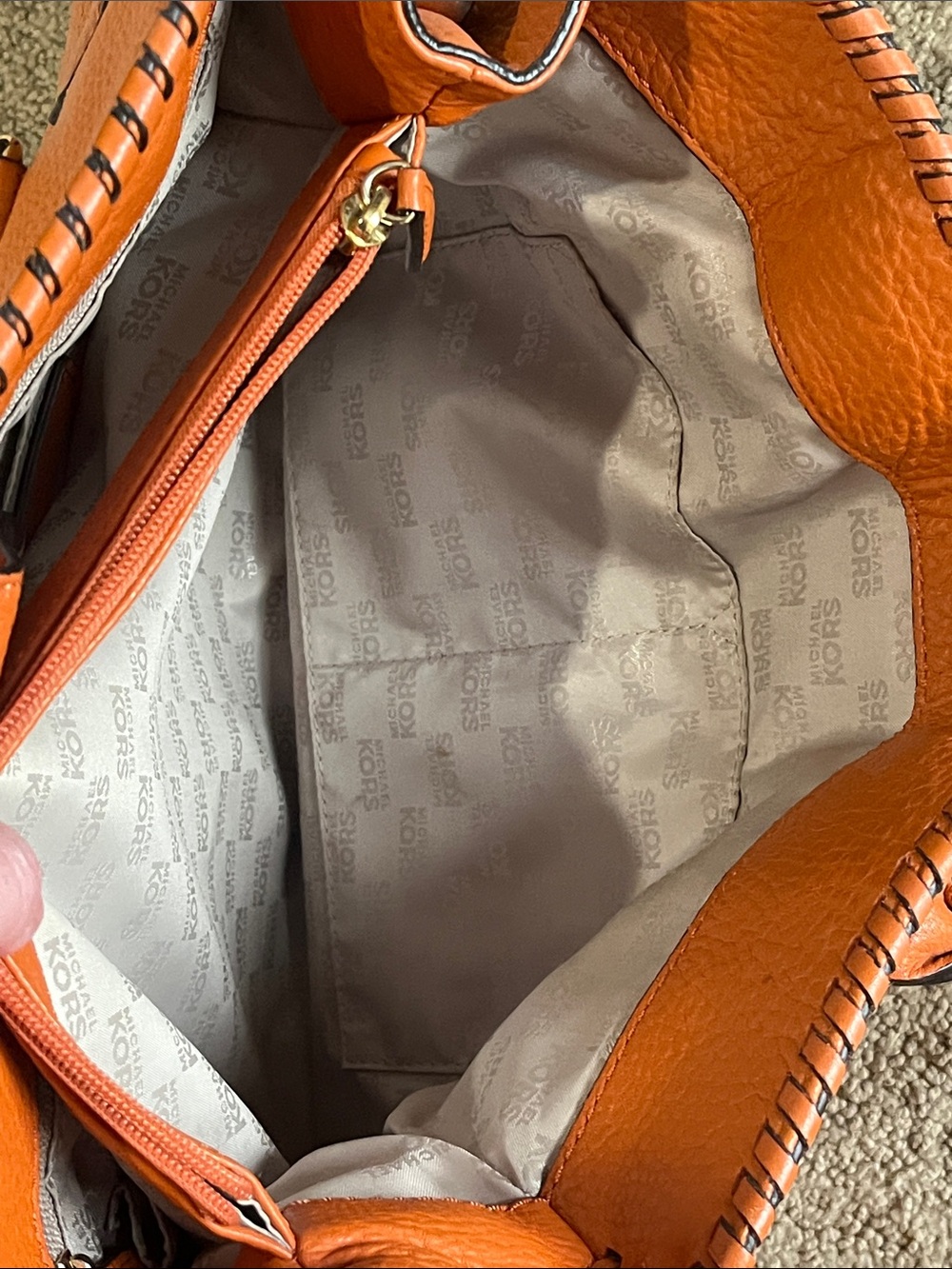 Michael Kors Orange Soft Pebbled Leather Hamilton Tote with Whipstitch Trim - Picture 11 of 11